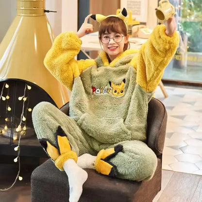 Pokemon Anime Pikachu Pajamas Hooded Women Cartoon Thickened Winter Plush Kawaii Nightgown Suit Two Home Clothing Christmas Gift