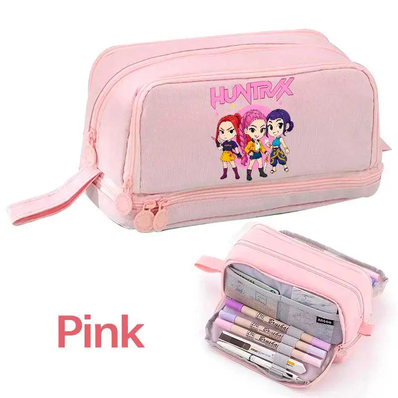KPOP Pencil Case Student Storage Bag Stationery Large Space Storage 4 Compartment Pouch Double Side Opened