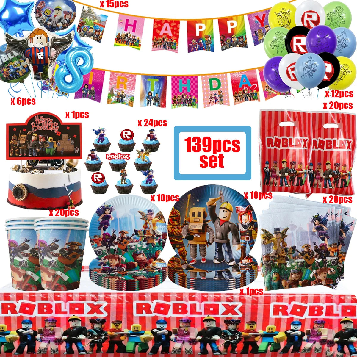 139PCS Roblox Birthday Decoration Party Kit Disposable Tableware Set Roblox Game Tablecloth Balloon Gift Bag Kids Party Supplies