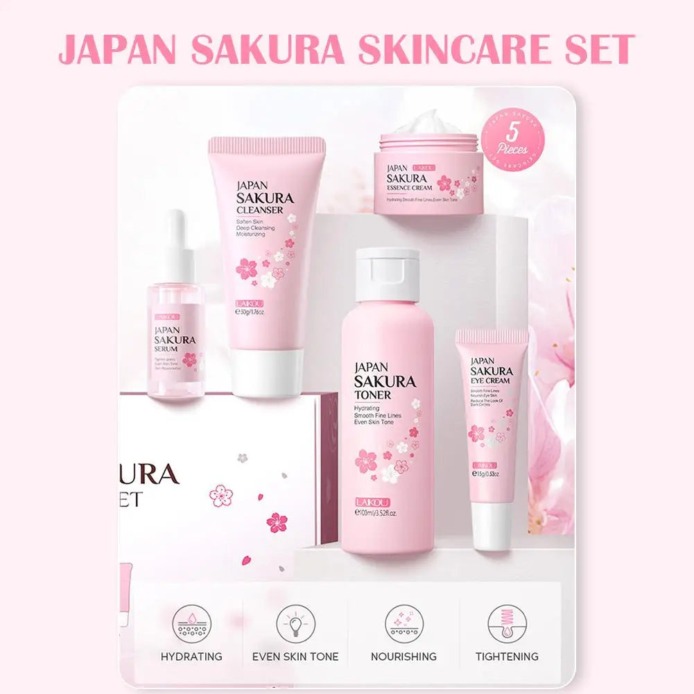 LAIKOU Japan Sakura Skin Care Set: 5-Piece Hydrating & Brightening Kit