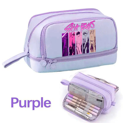 KPOP Pencil Case Student Storage Bag Stationery Large Space Storage 4 Compartment Pouch Double Side Opened