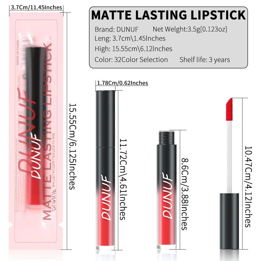 DUNUF 32 Color Matte Liquid Lipstick: Bold Pigment Non-Stick Lip Glaze