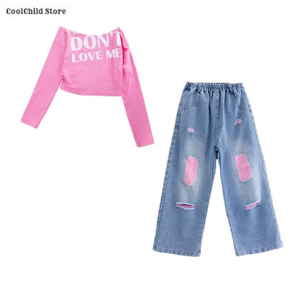 Girls Hip Hop Off Shoulder Crop Top ‌Street Dance Skirts Cargo Pants Children Streetwear Jeans Kids K-pop Girl Group Clothes Set