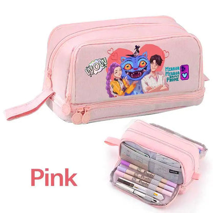 KPOP Pencil Case Student Storage Bag Stationery Large Space Storage 4 Compartment Pouch Double Side Opened