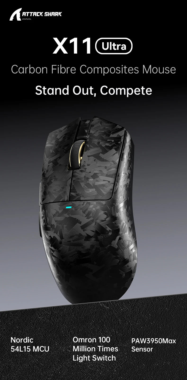 Attack Shark X11 Ultra 59g Superlight Wireless 8K Gaming Mouse Carbon Fiber Nano-Metal Ice Coating PAW3950MAX