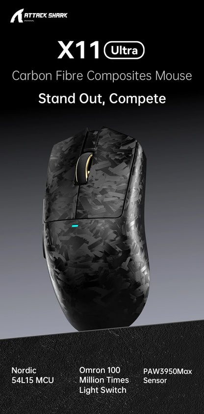 Attack Shark X11 Ultra 59g Superlight Wireless 8K Gaming Mouse Carbon Fiber Nano-Metal Ice Coating PAW3950MAX