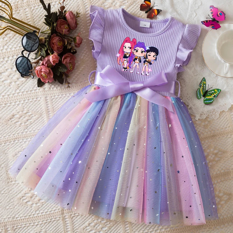 Girls' HUNTRX Rainbow Tulle Princess Dress: Sequin Star & Chibi Idol Party Gown