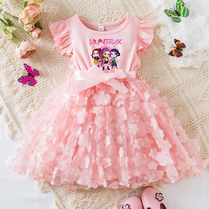Girls' K-Pop Demon Hunters "Pink Blossom" Dress: 3D Flower Tutu & Idol Graphic Gown