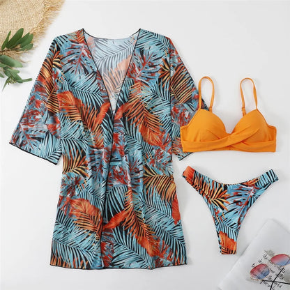 Three Pieces Bikini Set Cover Up Women 2023 New Push Up Twist Swimsuit Print Long Sleeve Swimwear Biquini Bathing Suit Summer