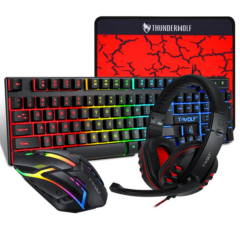 T-WOLF 4-in-1 Ultimate Gaming Combo: RGB Keyboard, Mouse, Headset & Pad