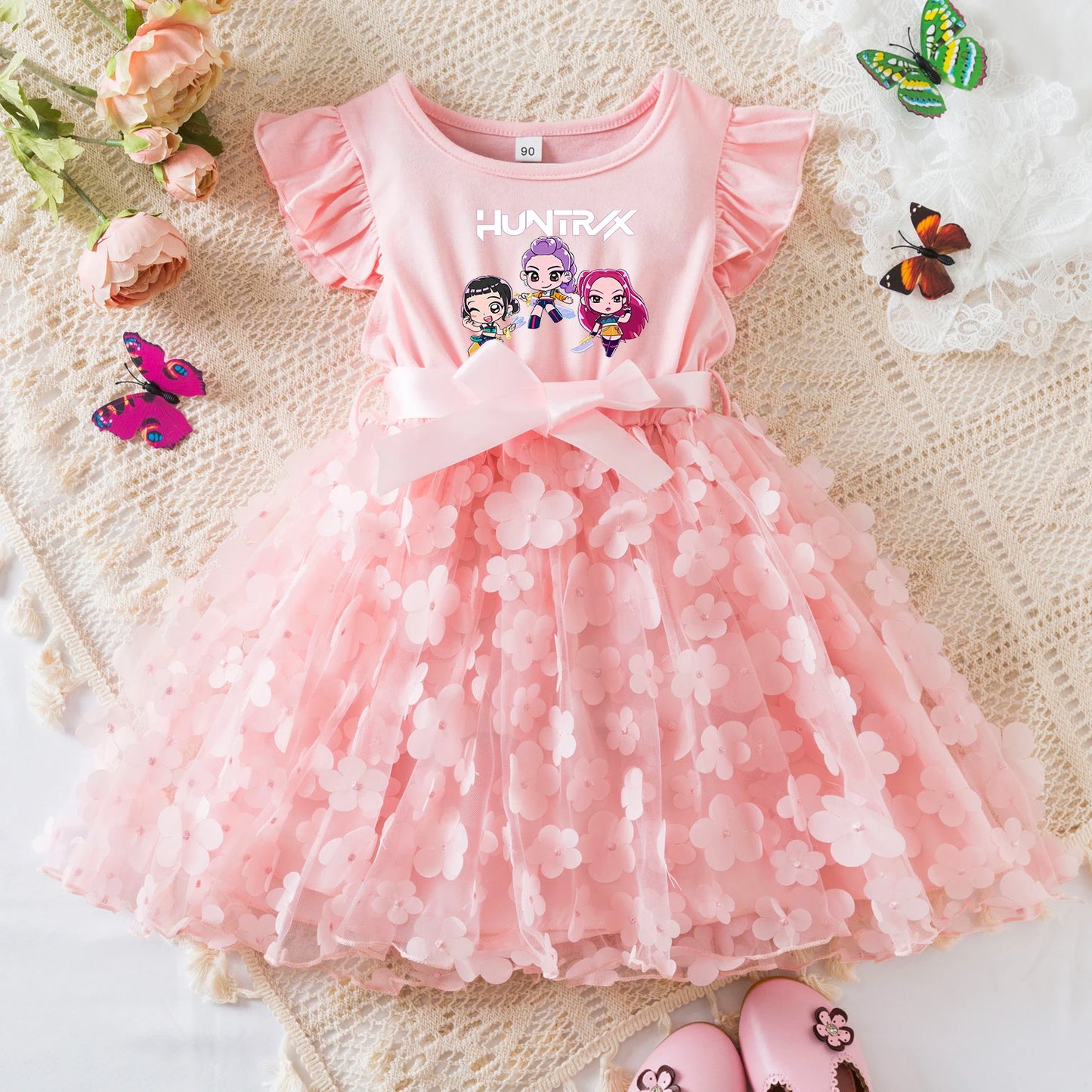 Girls' K-Pop Demon Hunters "Pink Blossom" Dress: 3D Flower Tutu & Idol Graphic Gown