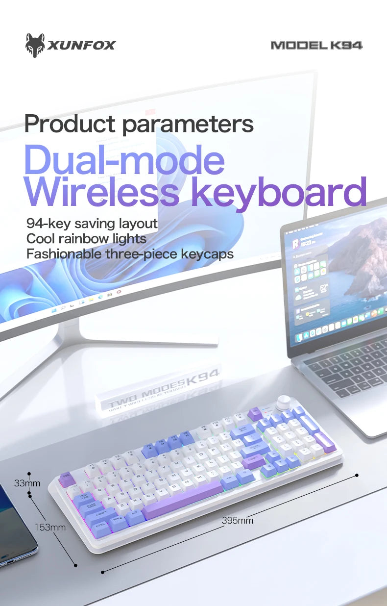 K94 Wireless Gaming Keyboard, BT 5.0/2.4GHz With Dual Mode 2-in-1 Receiver, 95 Keys TKL Rainbow LED Backlit Quiet Keyboard For