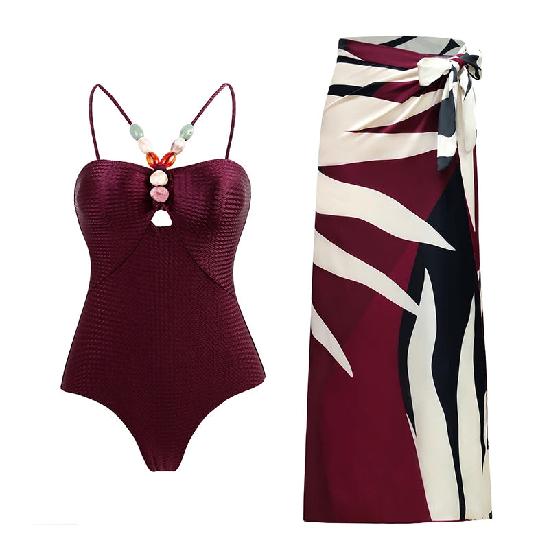 2024 Sexy Women's Swimsuit with Skirt One-Piece Swimwear Vintage Ruffle V Neck Cover Up Bikinis Set Beachwear Bathing Suit