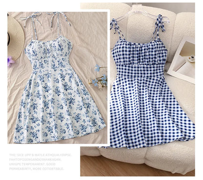 French Style Floral Summer Mini Dress: Sleeveless Camisole with Tie Straps