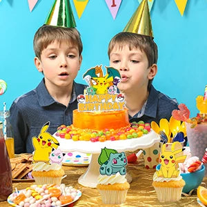 25 Pcs Pokemon Cake Toppers - Pokemon Cupcake Toppers & Large Pokemon Birthday Cake Topper for Pokemon Birthday Party Decoration