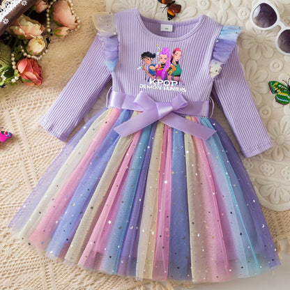K-Pop Hunters Zoey Mira Rumi Colorful Princess Dress for Kids Girls Casual Long Sleeve Sequin Mesh Dresses Party Gift 1-5Y