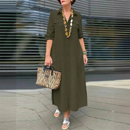 Women Spring Autumn Long Sleeve Lapel Single-breasted Cardigan Dress Double Pocket Splicing Dresses Elegant Female Commuter Gown