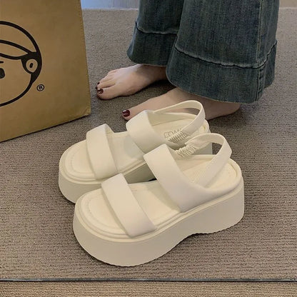 Summer 2025 Chunky Sandals Women's Wedge Heels Slides 8CM High Heels Leather Casual Woman Beach Thick Bottom Flip Flops