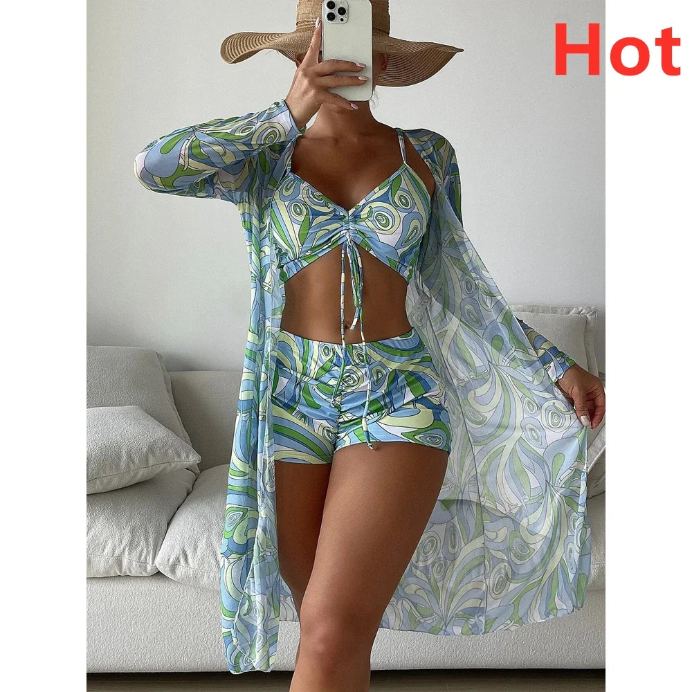 Three Pieces Bikini Set Cover Up Women 2023 New Push Up Twist Swimsuit Print Long Sleeve Swimwear Biquini Bathing Suit Summer
