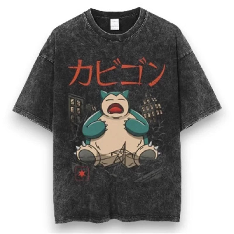 Pokemon Anime Retro Washed T-shirt Cotton Men's and Women's Summer New Item Plus Size T-shirt Y2K Loose Casual Short Sleeved Top