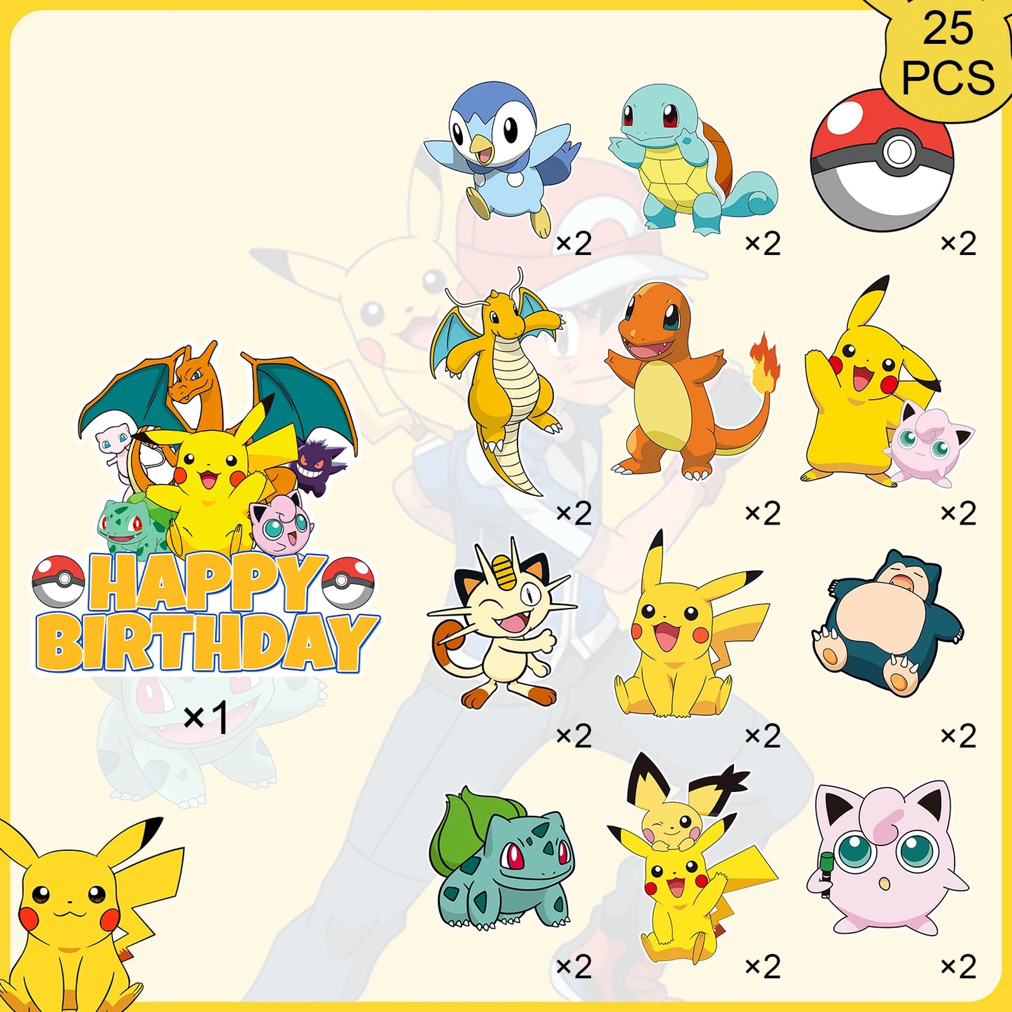 25 Pcs Pokemon Cake Toppers - Pokemon Cupcake Toppers & Large Pokemon Birthday Cake Topper for Pokemon Birthday Party Decoration