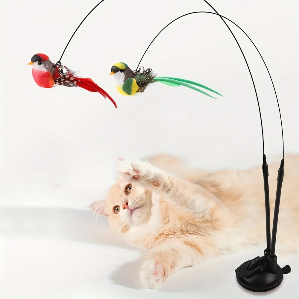 Two birds Cat teasing stick set simulation bird hands-free bird cat stick long pole double pole with bell strong suction cup cat