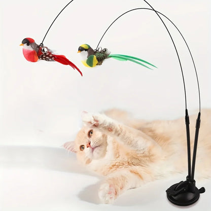 Two birds Cat teasing stick set simulation bird hands-free bird cat stick long pole double pole with bell strong suction cup cat