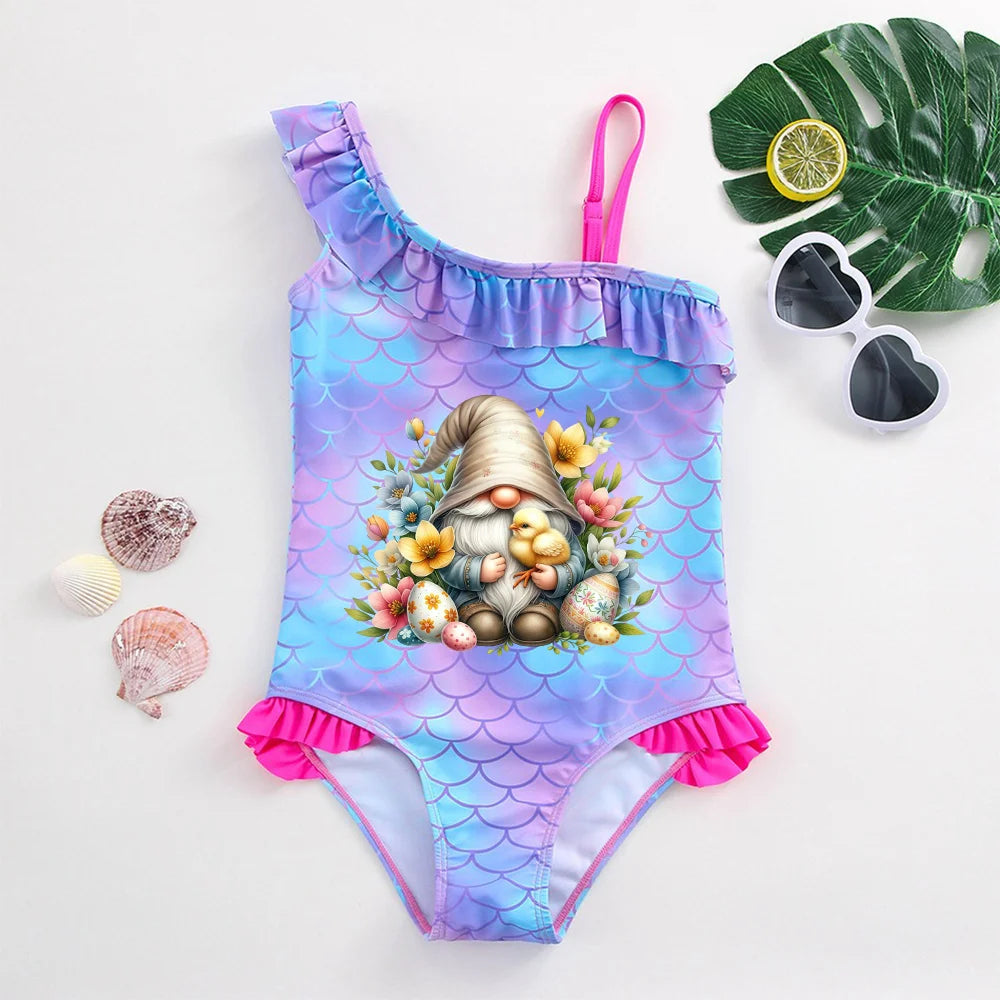 Girls' "Mermaid Heart" One-Piece Swimsuit: Colorful Scale Pattern with Asymmetric Ruffles