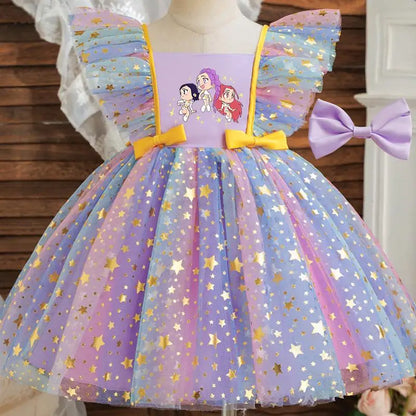Girls' K-Pop "Starry Gala" Tutu Dress: Rainbow Tulle Gown with Gold Sequins & Ruffle Sleeves