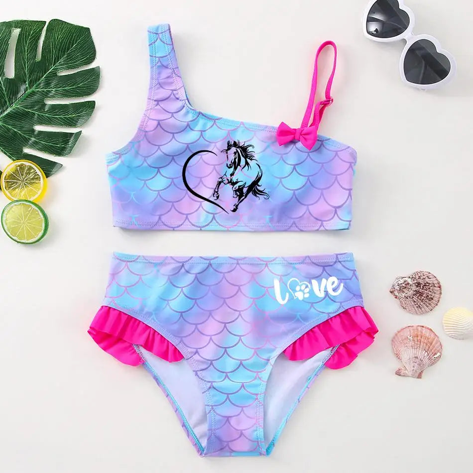 Girls' "Nature Love" Bikini Set: Mermaid Scale Pattern with Chibi Fox & Asymmetric Ruffles