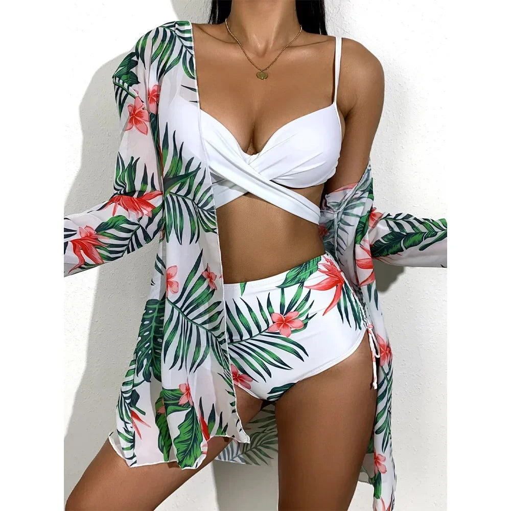 Three Pieces Bikini Set Cover Up Women 2023 New Push Up Twist Swimsuit Print Long Sleeve Swimwear Biquini Bathing Suit Summer