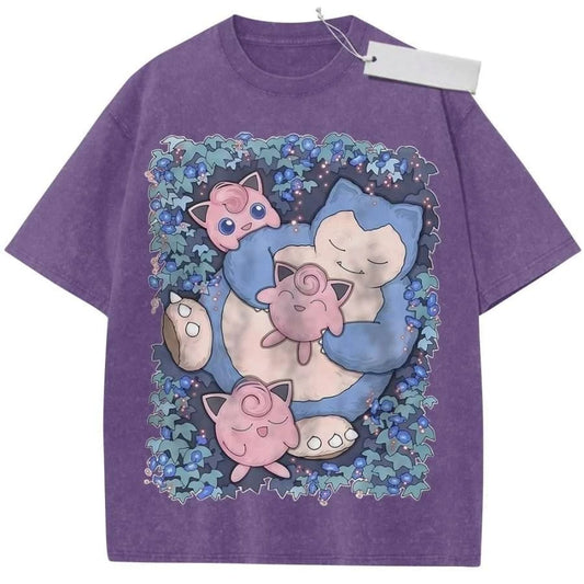 T Shirt Sports T Shirt Short Sleeve T Shirt Purple Unisex Pure Cotton Washed Vintage Pokemon Anime Jigglypuff Snorlax Print