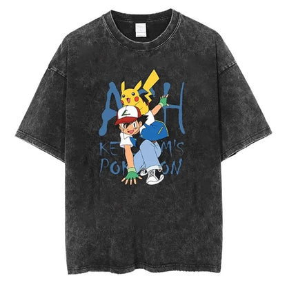 Pokemon Anime Retro Washed T-shirt Cotton Men's and Women's Summer New Item Plus Size T-shirt Y2K Loose Casual Short Sleeved Top