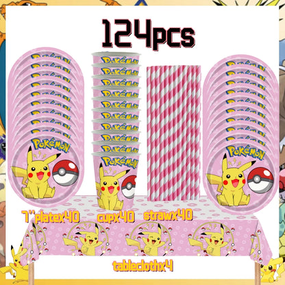 Pink Pokemon Birthday Party Decoration Disposable Tableware Set Pikachu Tablecloth Cup Plate Baby Shower Kids Diy Party Supplies