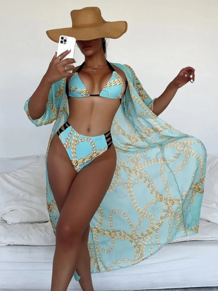 Three Pieces Bikini Set Cover Up Women 2023 New Push Up Twist Swimsuit Print Long Sleeve Swimwear Biquini Bathing Suit Summer