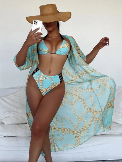 Three Pieces Bikini Set Cover Up Women 2023 New Push Up Twist Swimsuit Print Long Sleeve Swimwear Biquini Bathing Suit Summer