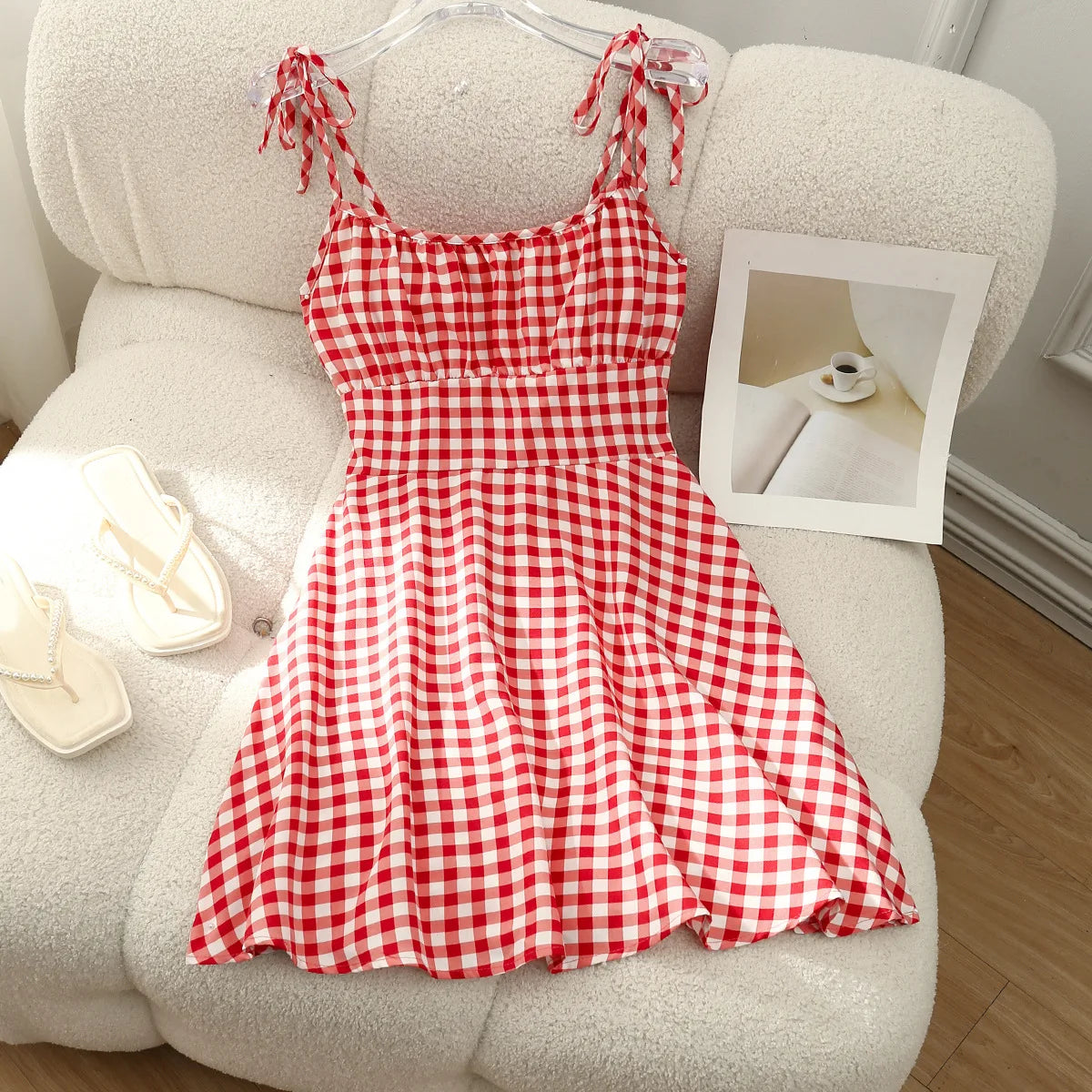 French Style Floral Summer Mini Dress: Sleeveless Camisole with Tie Straps
