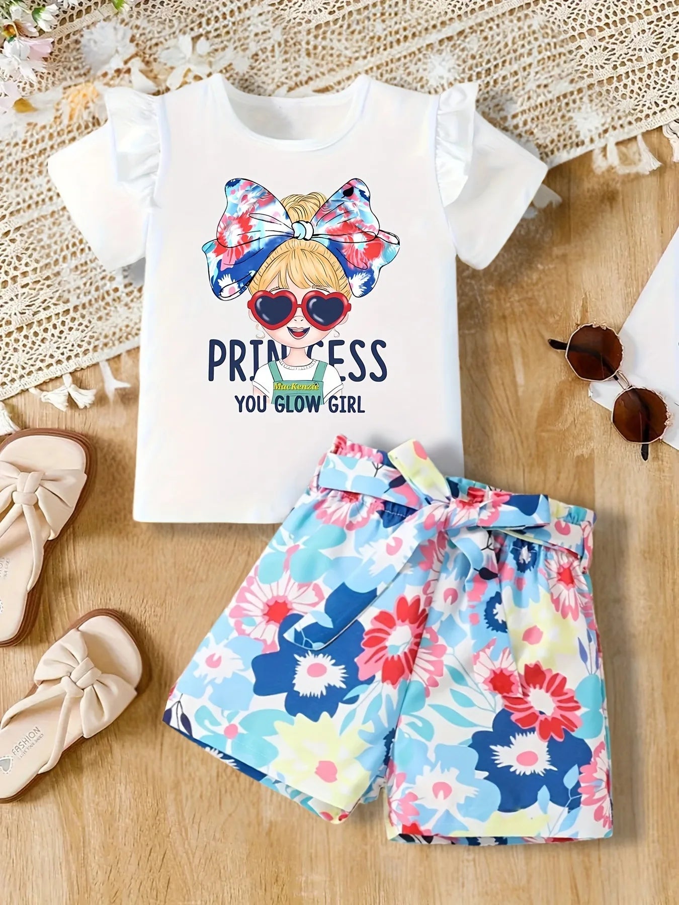 Girls 2-Piece Princess Outfit - "Princess You Glow Girl" Print Ruffle Sleeve T-Shirt & Floral Print Belted Shorts Set for Kids