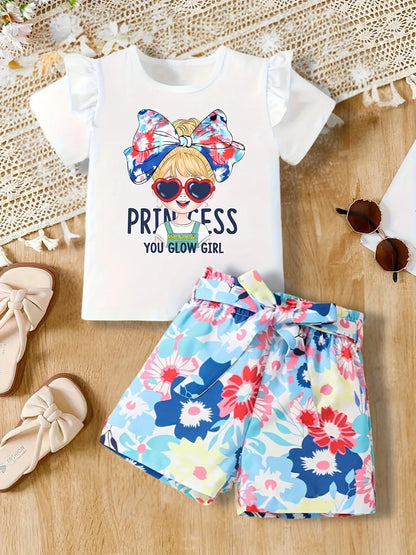 Girls 2-Piece Princess Outfit - "Princess You Glow Girl" Print Ruffle Sleeve T-Shirt & Floral Print Belted Shorts Set for Kids