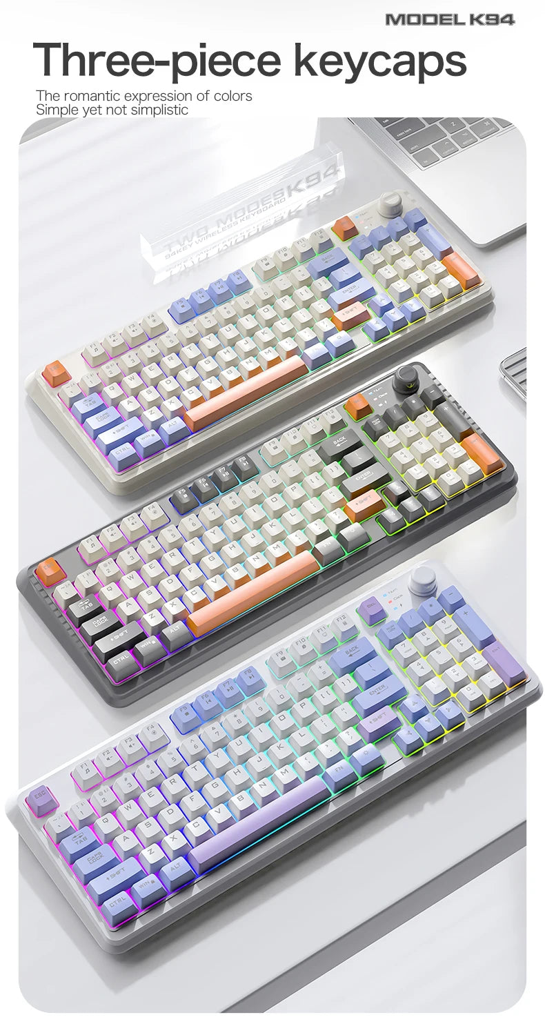 K94 Wireless Gaming Keyboard, BT 5.0/2.4GHz With Dual Mode 2-in-1 Receiver, 95 Keys TKL Rainbow LED Backlit Quiet Keyboard For
