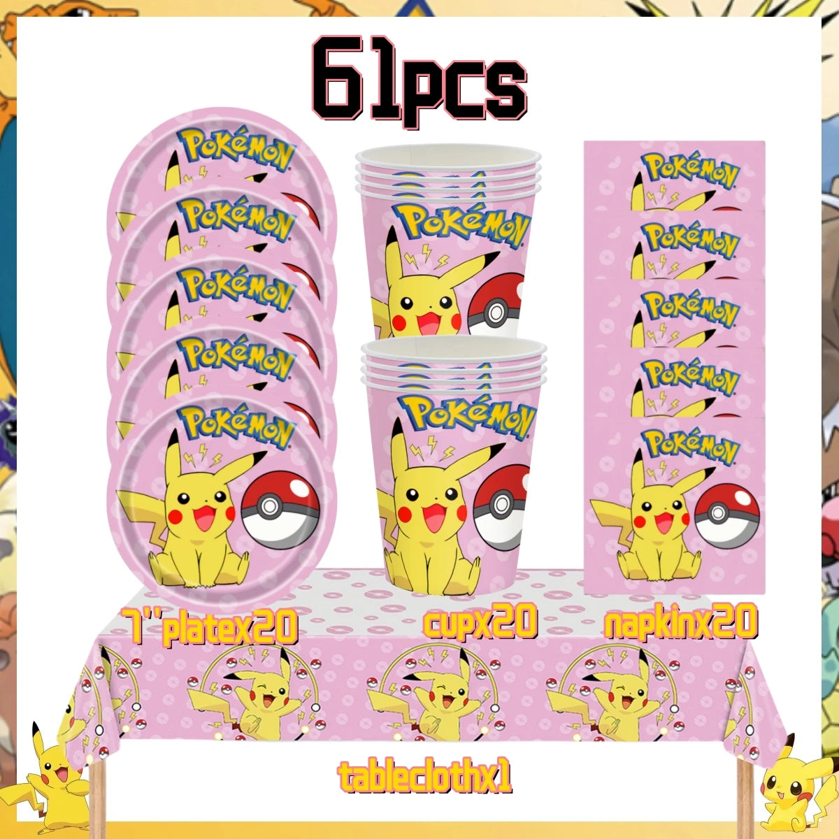 Pink Pokemon Birthday Party Decoration Disposable Tableware Set Pikachu Tablecloth Cup Plate Baby Shower Kids Diy Party Supplies