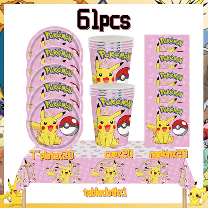 Pink Pokemon Birthday Party Decoration Disposable Tableware Set Pikachu Tablecloth Cup Plate Baby Shower Kids Diy Party Supplies