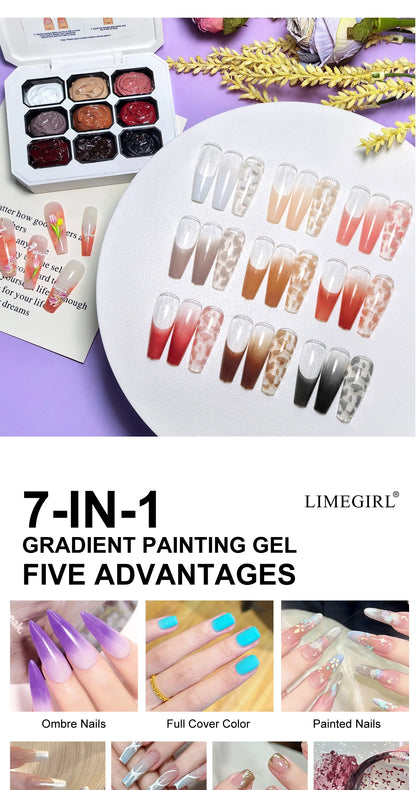 LIMEGIRL 7in1 Nail Gradient Painting Gel Long-lasting Nail Gel Polish Hybrid Color Nail Art Design High Texture Gradient Gel