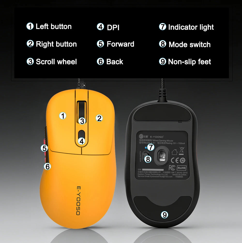 E-YOOSO X-51 USB Wired Gaming Mouse 24000 DPI 6 buttons programmable game Optical mice for Computer PC Laptop