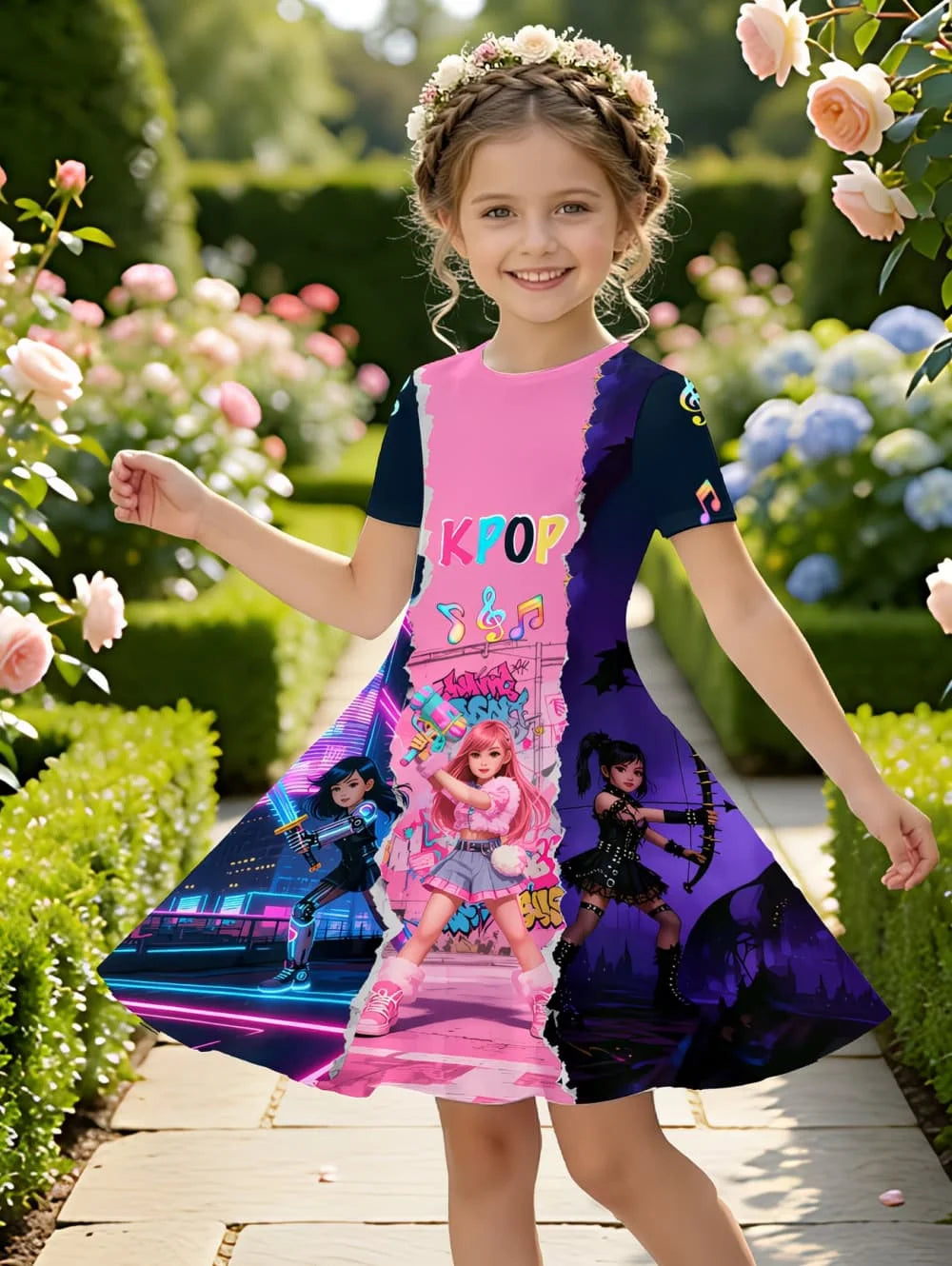 Girls' K-Pop "Anime Star" Summer Dress: Harajuku Style Short Sleeve A-Line Gown