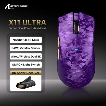 Attack Shark X11 Ultra 59g Superlight Wireless 8K Gaming Mouse Carbon Fiber Nano-Metal Ice Coating PAW3950MAX