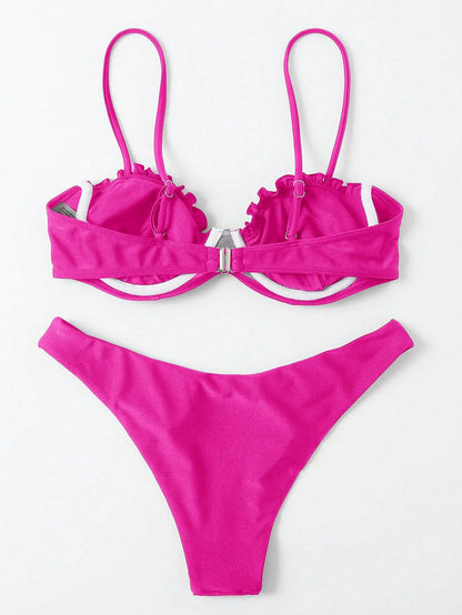 Sexy Hot Pink Bikini Set 2025 Women Pleate Shell Push Up Underwire Thong Swimsuit Beach Bathing Suit Swimwear Vacation Outfits
