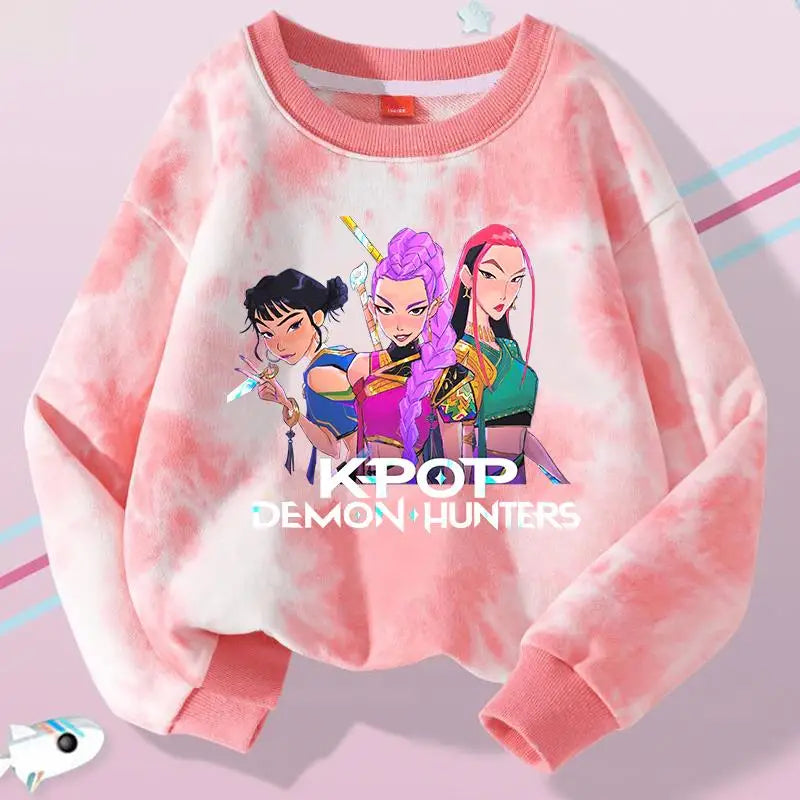 K-Pop Hunters Zoey Mira Rumi Tie-dyed Sweatshirt for Girl Pullover Crew Neck Child Sportwear Long Sleeve Cartoon Kids Tops