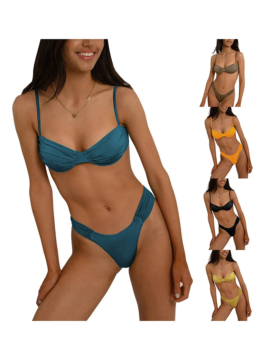 Classics Basics Women Swim Bikini Suit, Solid Color Pleated Sleeveless Bra+ Shorts Briefs Swimwear Swimsuit