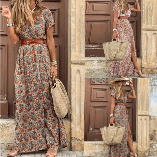 Summer Trend V-Neck Women Retro Vintage Print Slim With Belt Sexy Casual Elegant Holiday Dress High Slit Irregular Midi Dress